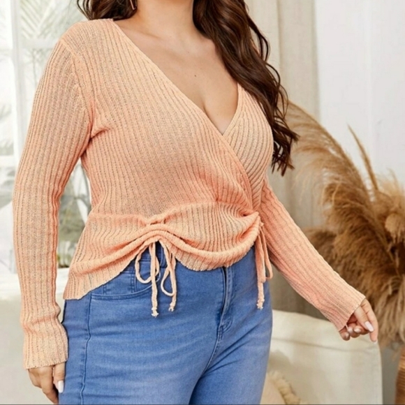 SHEIN ✦ Coral Plus Size Wrap Sweater ✦ Drawstring Front Surplice Top 3X - Picture 3 of 7